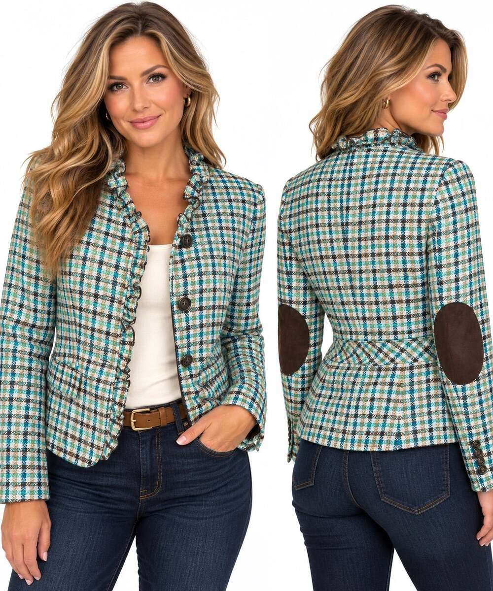 Talbots Wool Plaid Blazer Jacket Size 4 Teal Brown Academia Elbow Patches